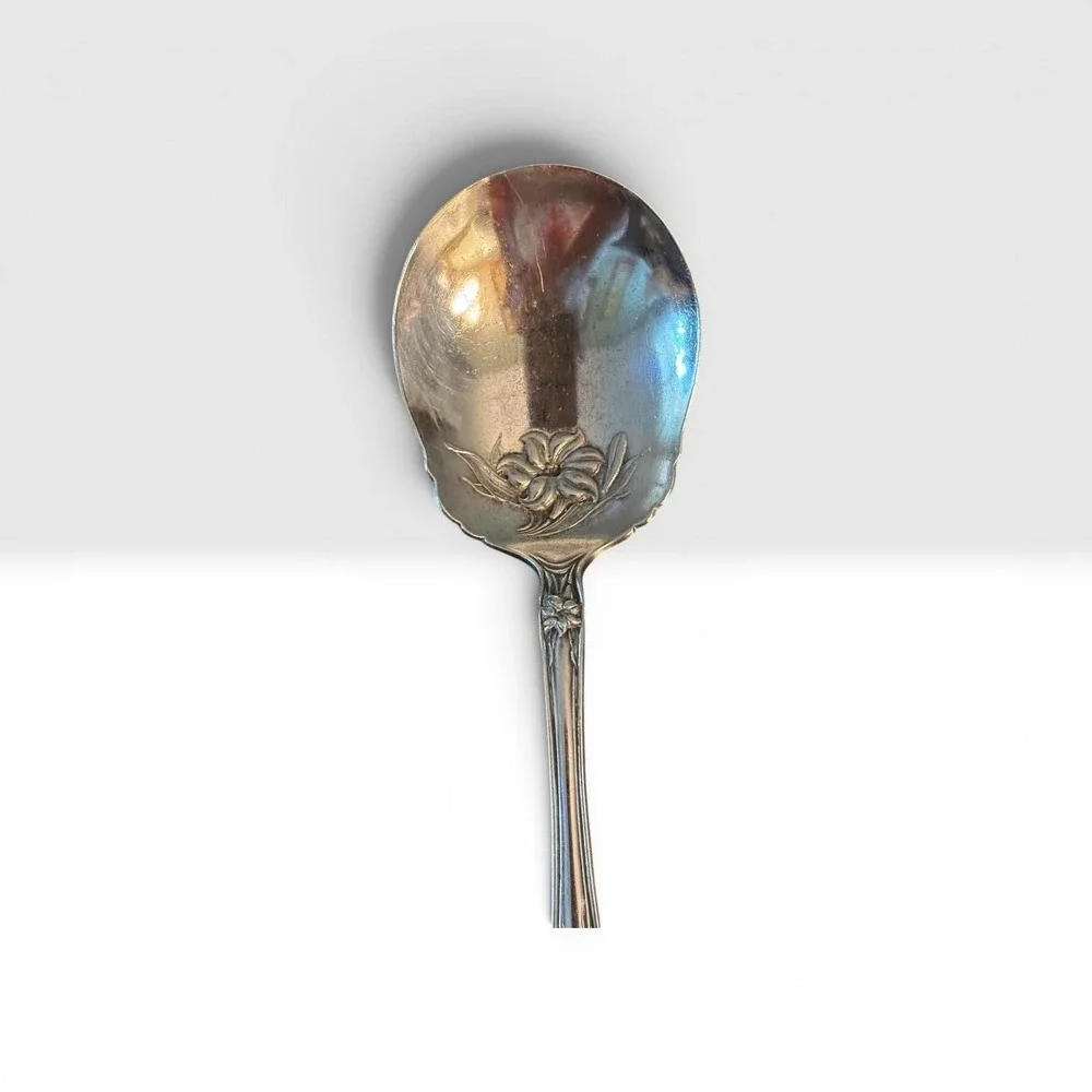 Vintage Art Nouveau Silver Plate Sugar Spoon Floral Lily Scalloped Bowl Serving